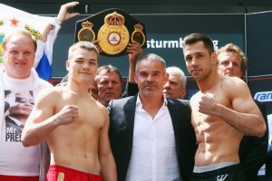 FRANKFURT AM MAIN, GERMANY - MAY 08: Fedor Chudinov of Russia (L) and Felix Sturm of Germany pose with WBA vice president, Gilberto Jesus Mendoza, during their official weigh-in ahead of their WBA super middleweight World Championship fight at Roomers Hotel on May 8, 2015 in Frankfurt am Main, Germany. The two will fight on Saturday May 9 at Festhalle Frankfurt.  (Photo by Alex Grimm/Bongarts/Getty Images)