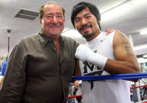 May 7, 2012, Hollywood, Ca.  ---  "OPENING DAY" ---  Superstar Manny Pacquiao greets Hall of Fame Top Rank promoter Bob Arum(L) during his US opening training camp at the Wildcard Boxing Club Monday in preparation for his upcoming World Welterweight title mega-fight against undefeated Jr. Welterweight champion Timothy "The Desert Storm" Bradley Jr..  Promoted by Top Rank, in association with MP Promotions, Tecate, AT&T and MGM Grand, Pacquiao vs Bradley will take place, Saturday, June 9 at the MGM Grand in Las Vegas, live on HBO Pay Per View.  --- Photo Credit : Chris Farina - Top Rank  (no other credit allowed)  copyright 2012