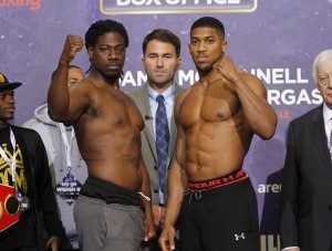 WORLD TITLE BOXING WEIGH IN 02,LONDON PIC;LAWRENCE LUSTIG IBF WORLD HEAVYWEIGHT TITLE CHALLENGER ANTHONY JOSHUA AND CHAMPION CHARLES MARTIN WEIGH IN