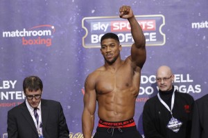 WORLD TITLE BOXING WEIGH IN 02,LONDON PIC;LAWRENCE LUSTIG IBF WORLD HEAVYWEIGHT TITLE CHALLENGER ANTHONY JOSHUA AND CHAMPION CHARLES MARTIN WEIGH IN
